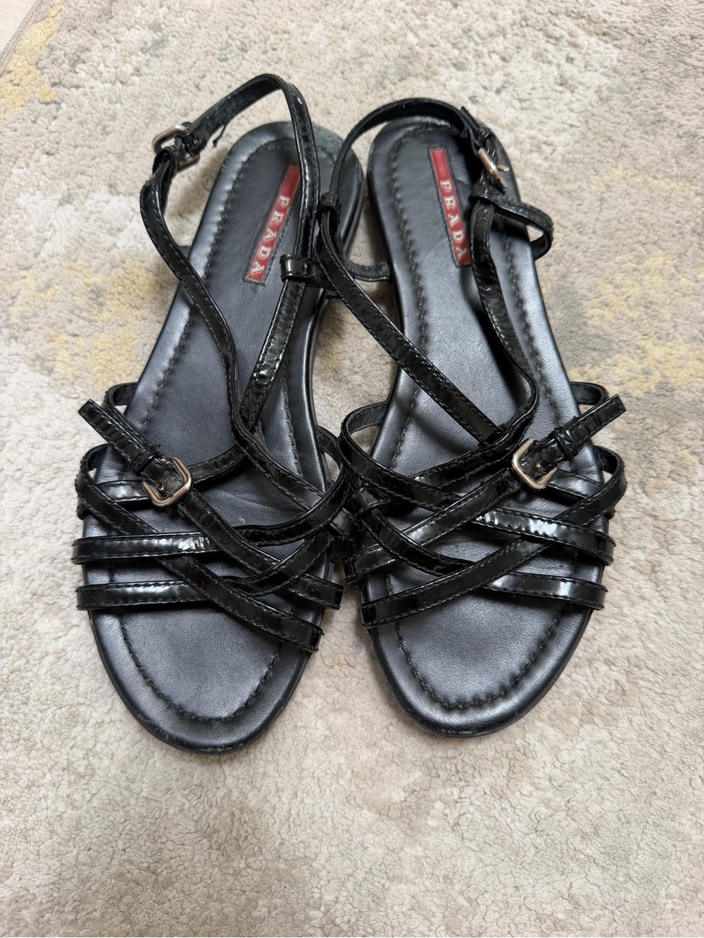 Prada Black Patent Strappy Flat Sandals